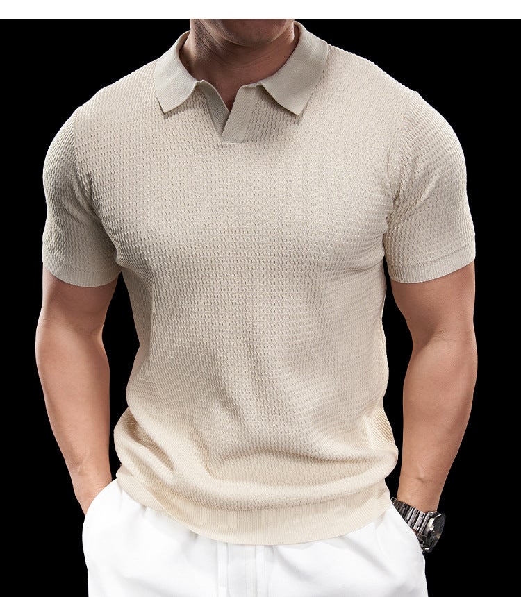 Mens Knitted Polo Shirt Short Sleeve Slim Fit Breathable Casual Top - Image 2
