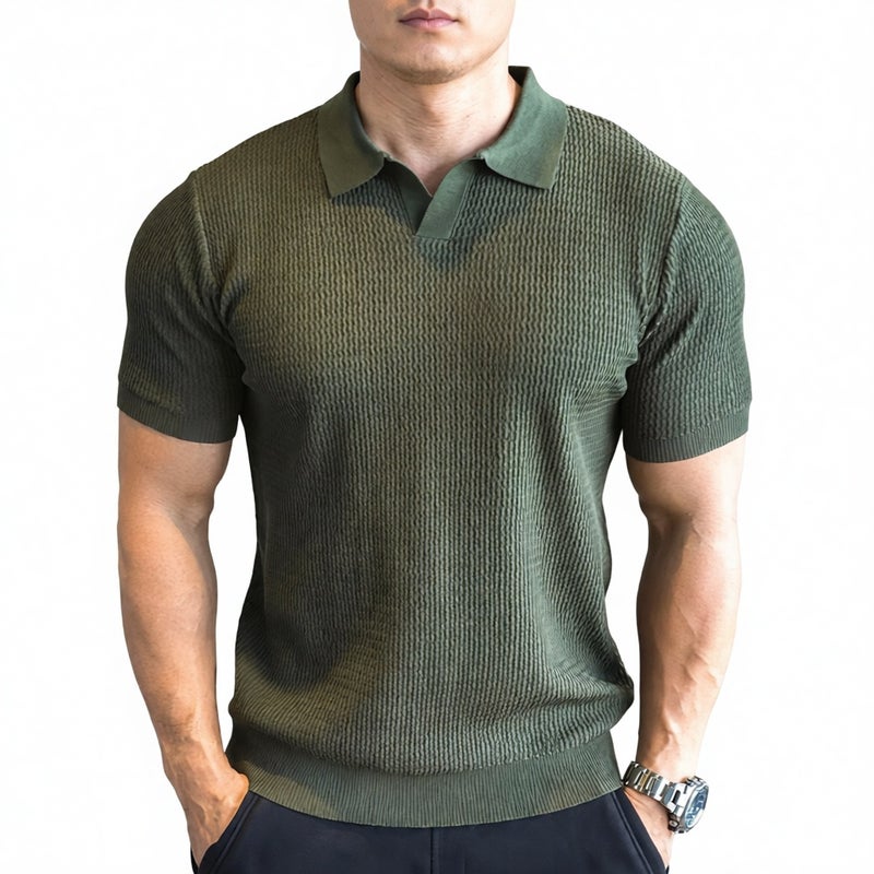 Mens Knitted Polo Shirt Short Sleeve Slim Fit Breathable Casual Top - Image 1