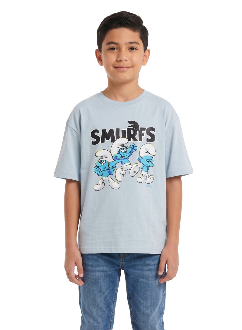 The Smurfs Boys Drop Shoulder Graphic T-Shirt | Smurf Character Back Print Casual Crew Neck Cotton Tee - Image 1