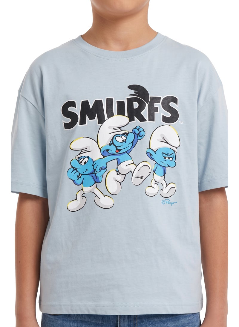 The Smurfs Boys Drop Shoulder Graphic T-Shirt | Smurf Character Back Print Casual Crew Neck Cotton Tee - Image 4