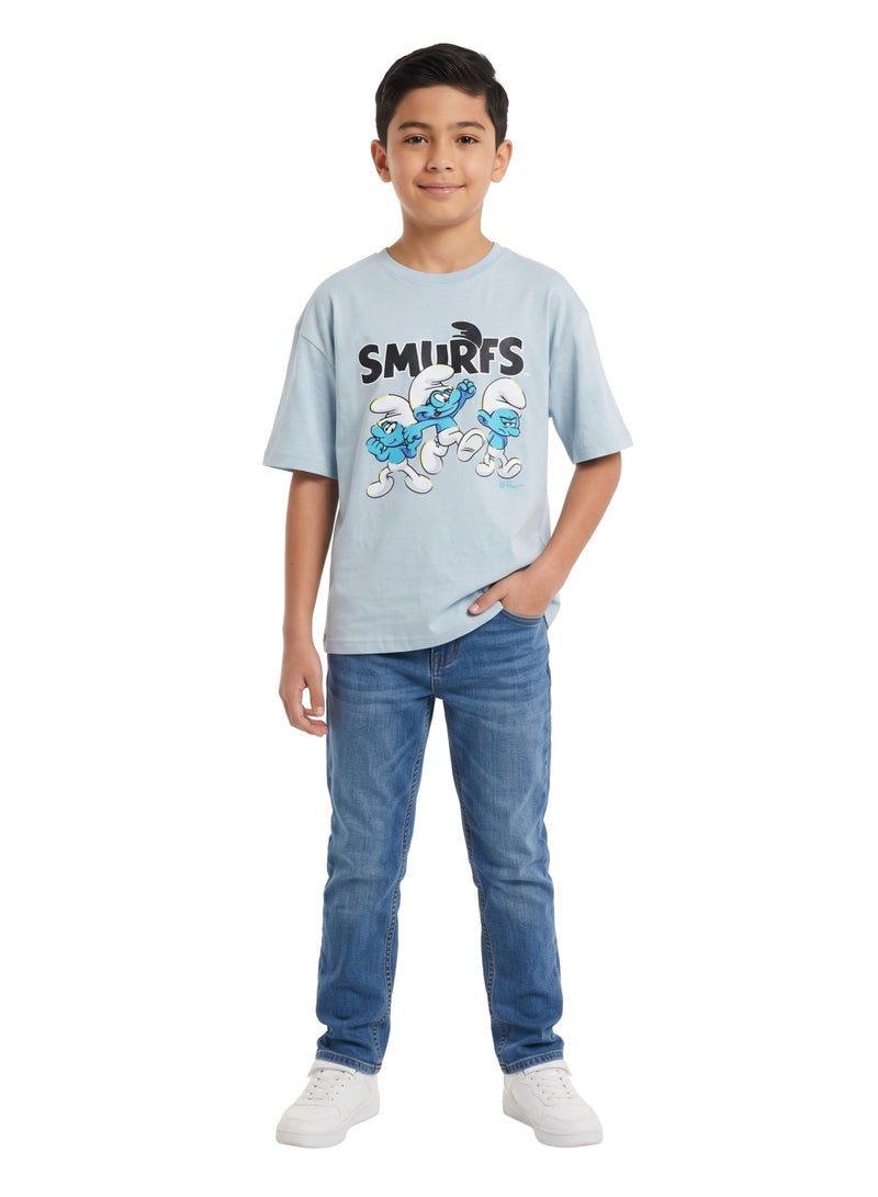 The Smurfs Boys Drop Shoulder Graphic T-Shirt | Smurf Character Back Print Casual Crew Neck Cotton Tee - Image 3