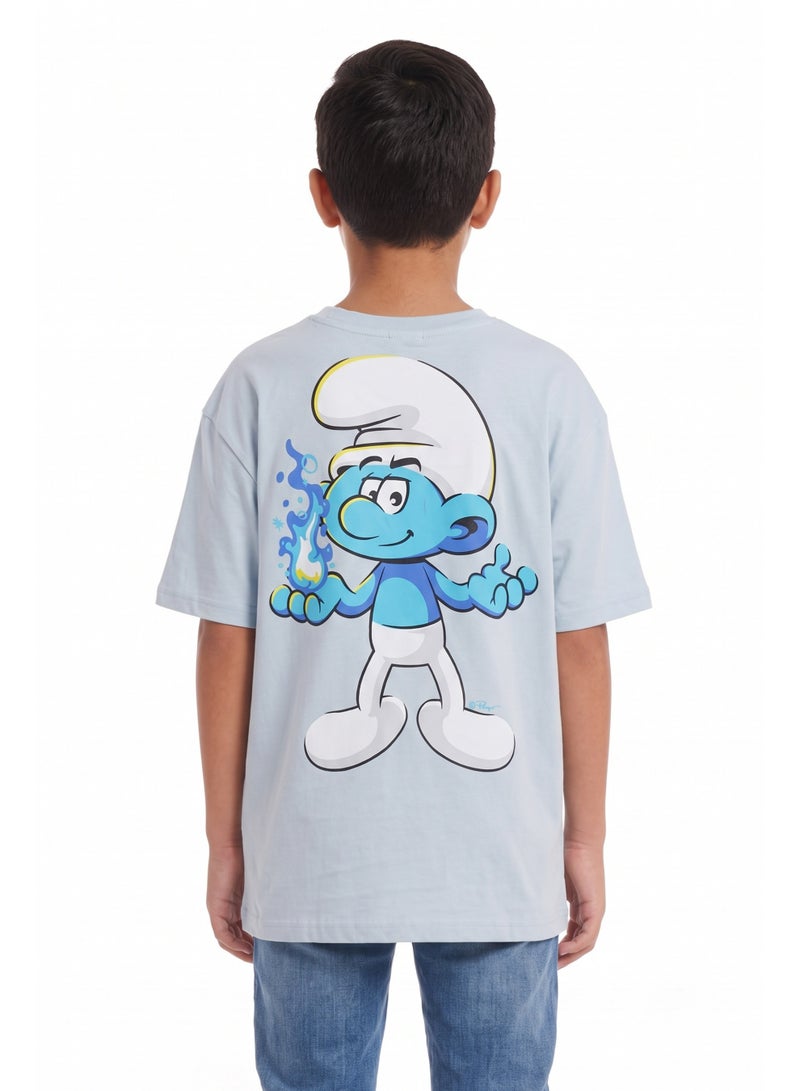 The Smurfs Boys Drop Shoulder Graphic T-Shirt | Smurf Character Back Print Casual Crew Neck Cotton Tee - Image 2