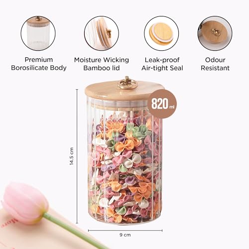 UMAI Borosilicate Glass Jar with Bamboo Lid | Kitchen Organizer Items and Storage | Multi-utility, Leakproof, Airtight Storage Jar for Cookies, Snacks, Tea, Coffee, Sugar | Set of 2 (820ml) - Image 3
