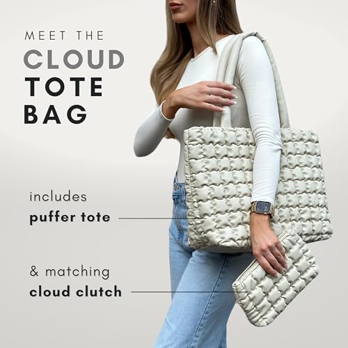 CITRUSY The Cloud Tote Bag Set | Puffer Tote Bag with Insert Pouch | Quilted Tote Bag for Women | Trendy Padded Shoulder Puffy Bag (Cream) - Image 2