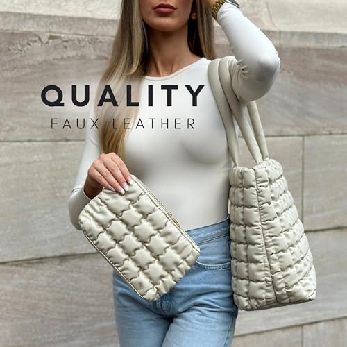 CITRUSY The Cloud Tote Bag Set | Puffer Tote Bag with Insert Pouch | Quilted Tote Bag for Women | Trendy Padded Shoulder Puffy Bag (Cream) - Image 4