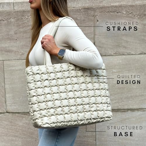 CITRUSY The Cloud Tote Bag Set | Puffer Tote Bag with Insert Pouch | Quilted Tote Bag for Women | Trendy Padded Shoulder Puffy Bag (Cream) - Image 3