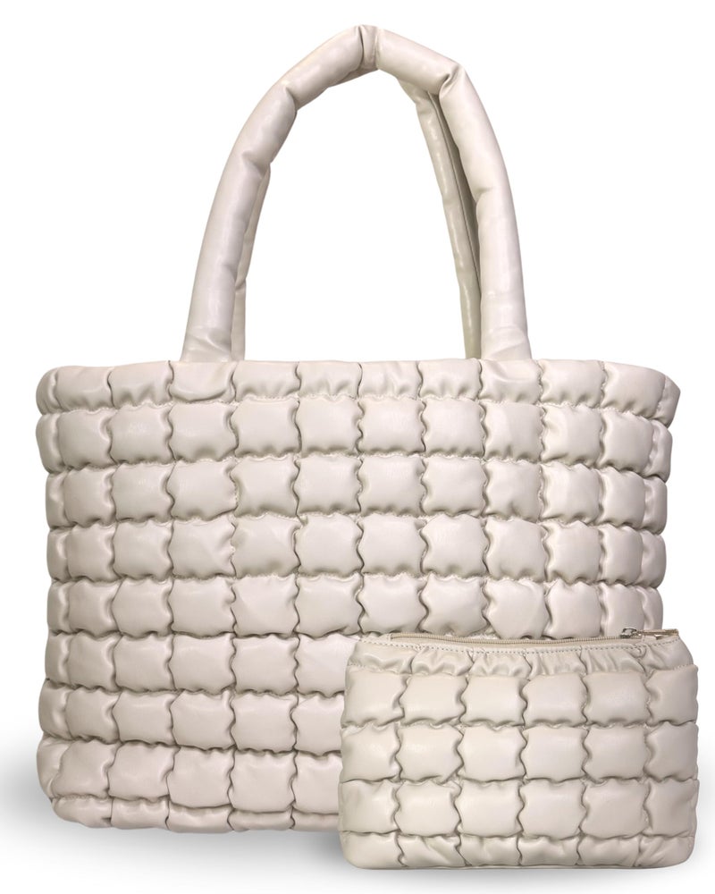 CITRUSY The Cloud Tote Bag Set | Puffer Tote Bag with Insert Pouch | Quilted Tote Bag for Women | Trendy Padded Shoulder Puffy Bag (Cream) - Image 1