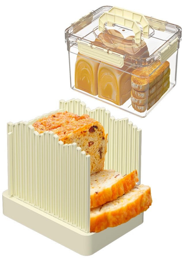 Sorgion 2-in-1 bread slicer and storage box with handle - plastic bread boxes for fresh keeping food storage containers with lids airtight for cake buns，Beige - Image 1
