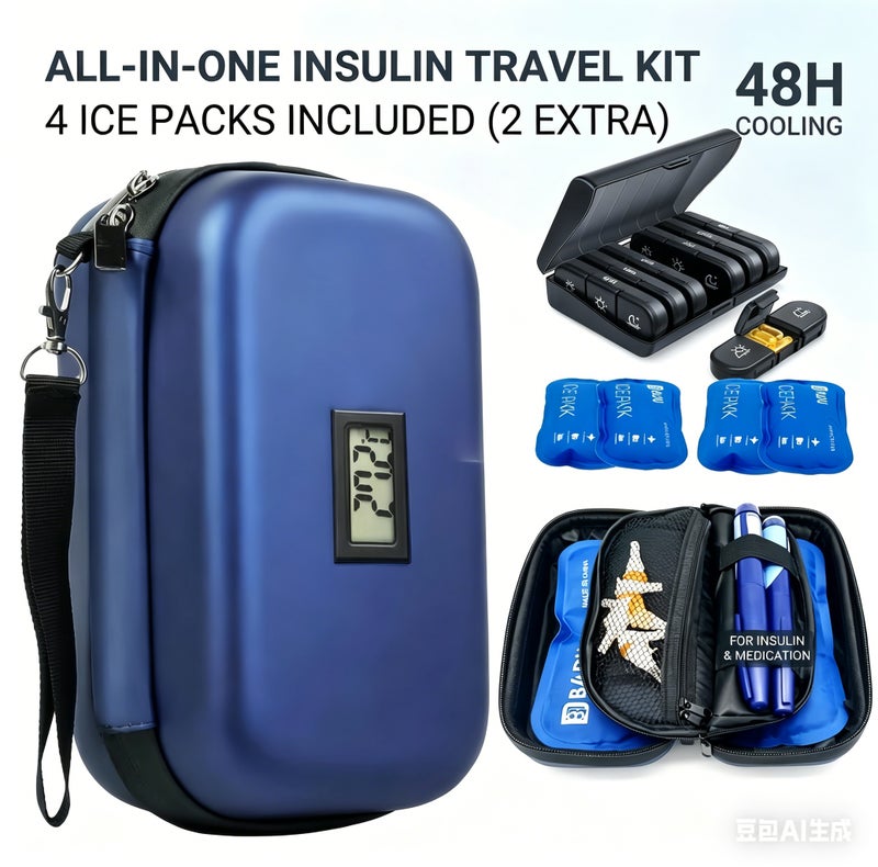 3-in-1 Insulin Cooler Travel Kit – Insulin Cooler Bag with Thermometer, 4 Ice Packs (2+2 Replaceable) & Medicine Organizer Box, TSA Approved Diabetic Travel Case (2–8°C, 48H Cooling) - Image 1