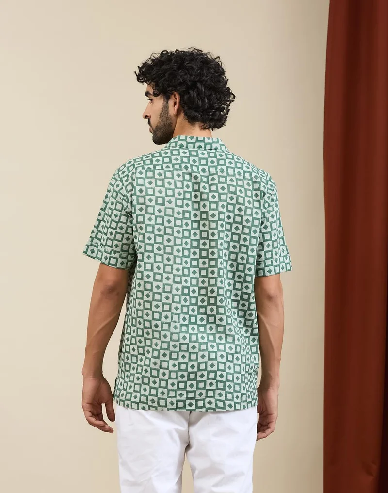 Fabindia  Green Cotton Hand Block Printed Cuban Shirt for Men | Best Price UAE