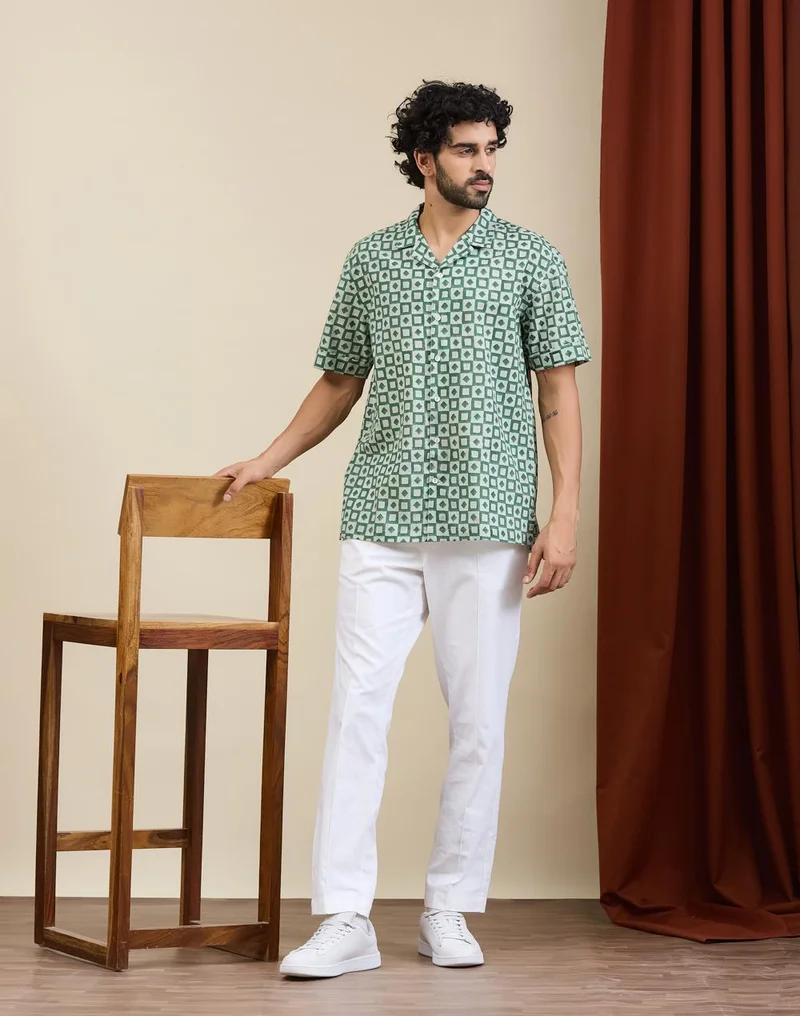 Fabindia  Green Cotton Hand Block Printed Cuban Shirt for Men | Best Price UAE