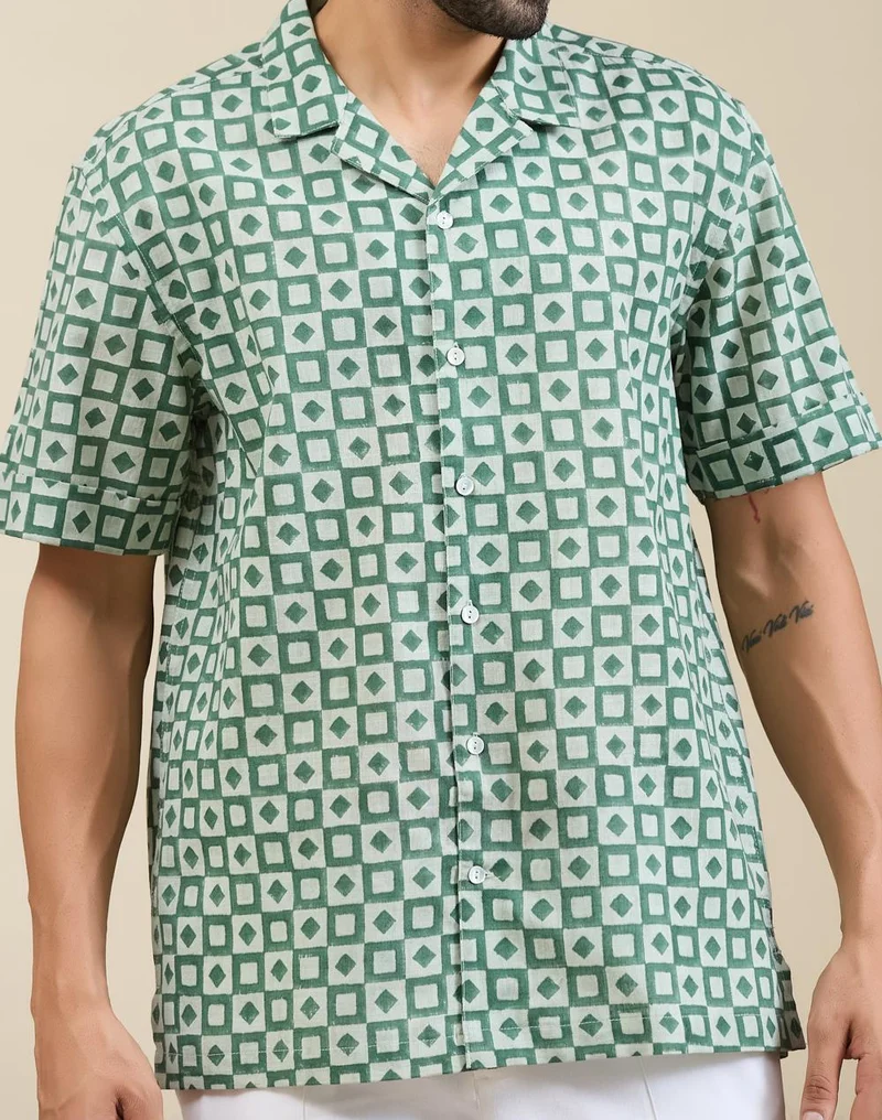 Fabindia  Green Cotton Hand Block Printed Cuban Shirt for Men | Best Price UAE