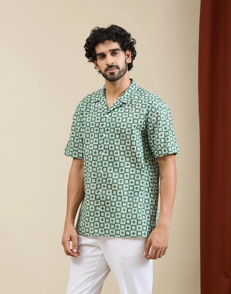 Fabindia  Green Cotton Hand Block Printed Cuban Shirt for Men | Best Price UAE
