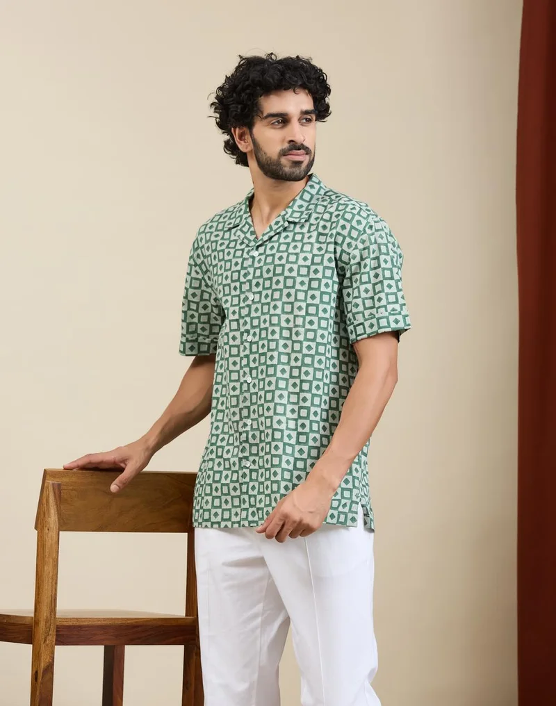 فاب انديا Green Cotton Hand Block Printed Cuban Shirt