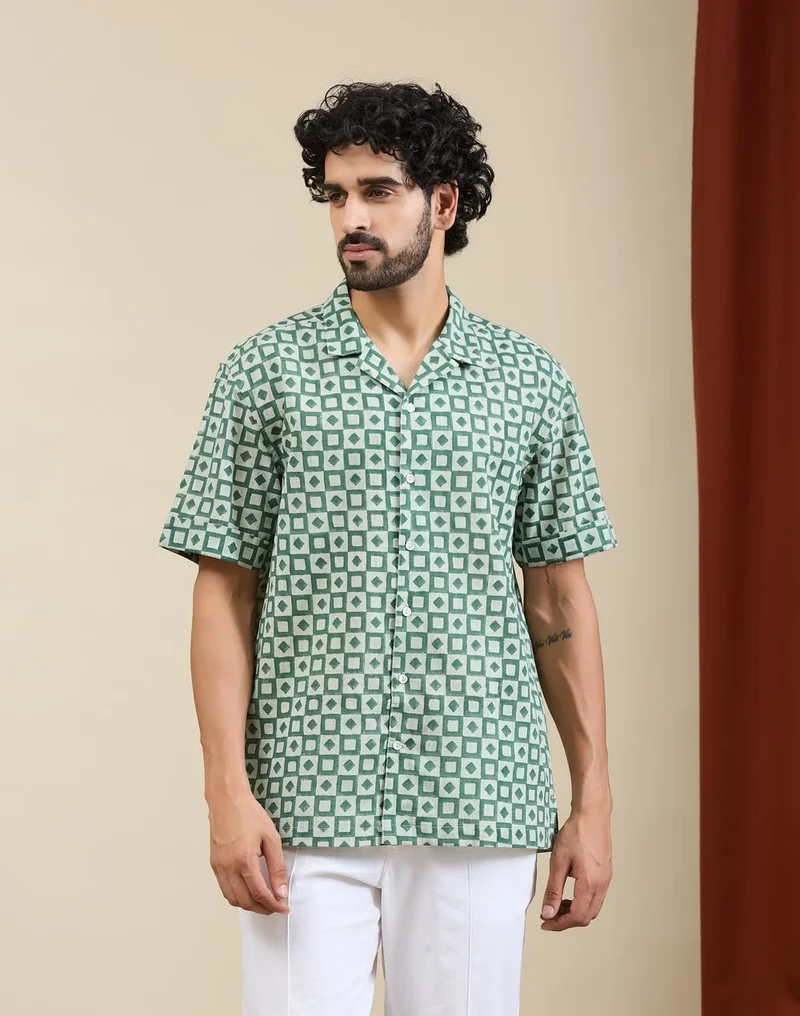 فاب انديا Green Cotton Hand Block Printed Cuban Shirt