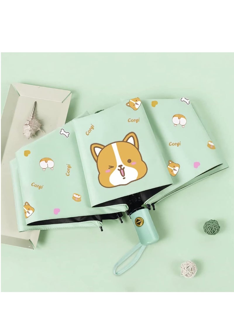 Automatic Windproof Golf Umbrella with UV Protection, Double Canopy Vented Design, Cartoon Corgi Print, Travel-Friendly Stick Umbrella (Diameter 85cm, Light Green) - Image 5