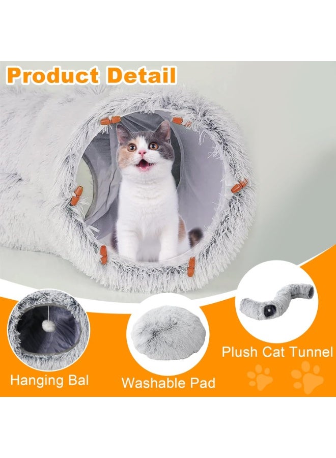 Cat Tunnel Bed for Indoor Cats,Warm Plush Cat Play Tunnel with Central Mat, Cat Calming Cave with Hanging Ball & 2 Peepholes,S-Shape Cat Tube and Cat Donut Tunnel - Image 4