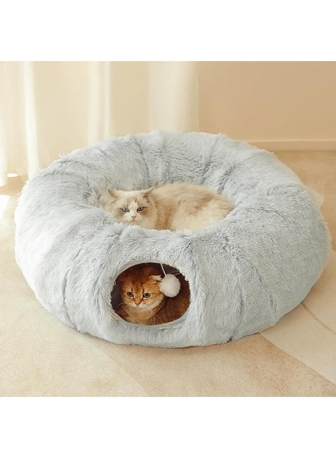 Cat Tunnel Bed for Indoor Cats,Warm Plush Cat Play Tunnel with Central Mat, Cat Calming Cave with Hanging Ball & 2 Peepholes,S-Shape Cat Tube and Cat Donut Tunnel - Image 1