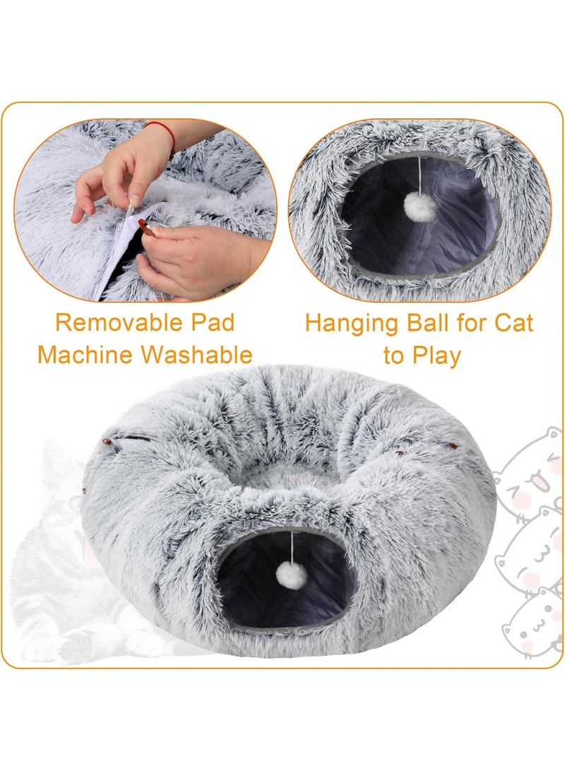 Cat Tunnel Bed for Indoor Cats,Warm Plush Cat Play Tunnel with Central Mat, Cat Calming Cave with Hanging Ball & 2 Peepholes,S-Shape Cat Tube and Cat Donut Tunnel - Image 5