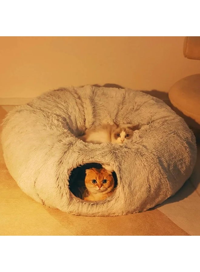 Cat Tunnel Bed for Indoor Cats,Warm Plush Cat Play Tunnel with Central Mat, Cat Calming Cave with Hanging Ball & 2 Peepholes,S-Shape Cat Tube and Cat Donut Tunnel - Image 2