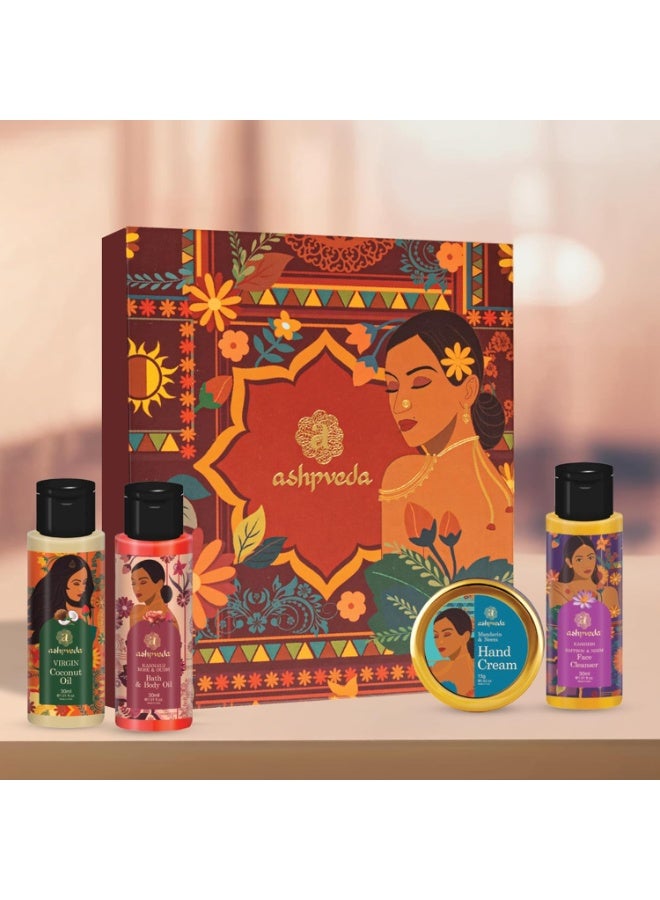 Ashpveda Nature's Magic Gift Box | Skin & Body Care Kit – Hand Cream15g, Body Oil30ml, Face Wash30ml, Virgin Coconut Oil30ml – Travel Size Pack - Image 1