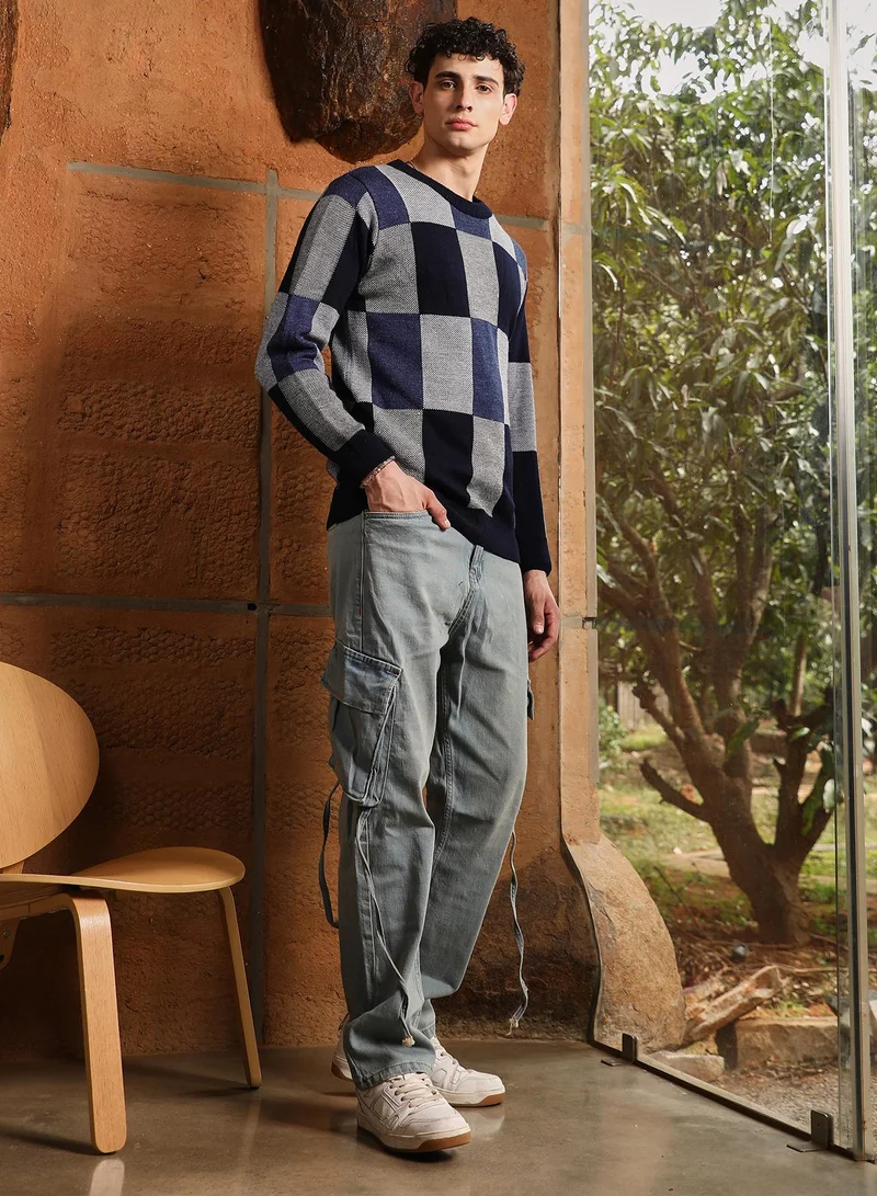 Campus Sutra Campus Sutra Men's Navy Blue Block-Check Pullover Sweater | Crew Neck , Cuffed Sleeves , Pull On Closure , Ribbed-Straight Hem | Checks Jacquard For Casual & Daily Wear