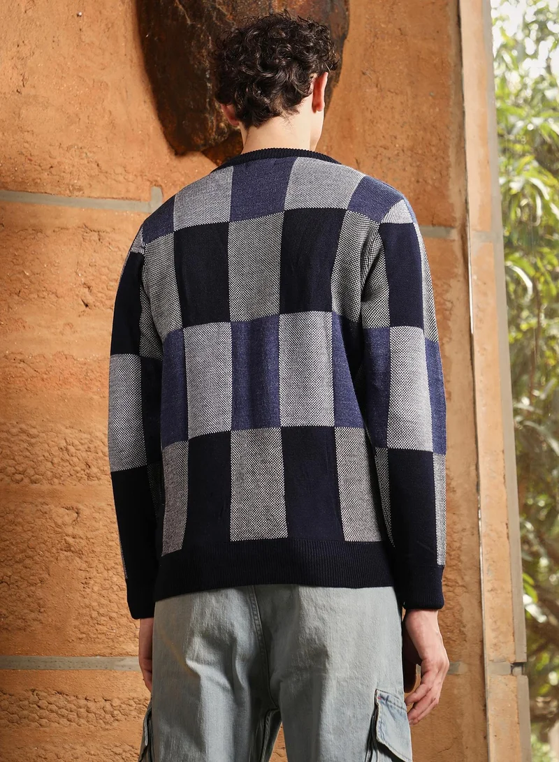 Campus Sutra Campus Sutra Men's Navy Blue Block-Check Pullover Sweater | Crew Neck , Cuffed Sleeves , Pull On Closure , Ribbed-Straight Hem | Checks Jacquard For Casual & Daily Wear