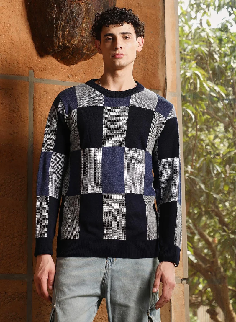 Campus Sutra Campus Sutra Men's Navy Blue Block-Check Pullover Sweater | Crew Neck , Cuffed Sleeves , Pull On Closure , Ribbed-Straight Hem | Checks Jacquard For Casual & Daily Wear