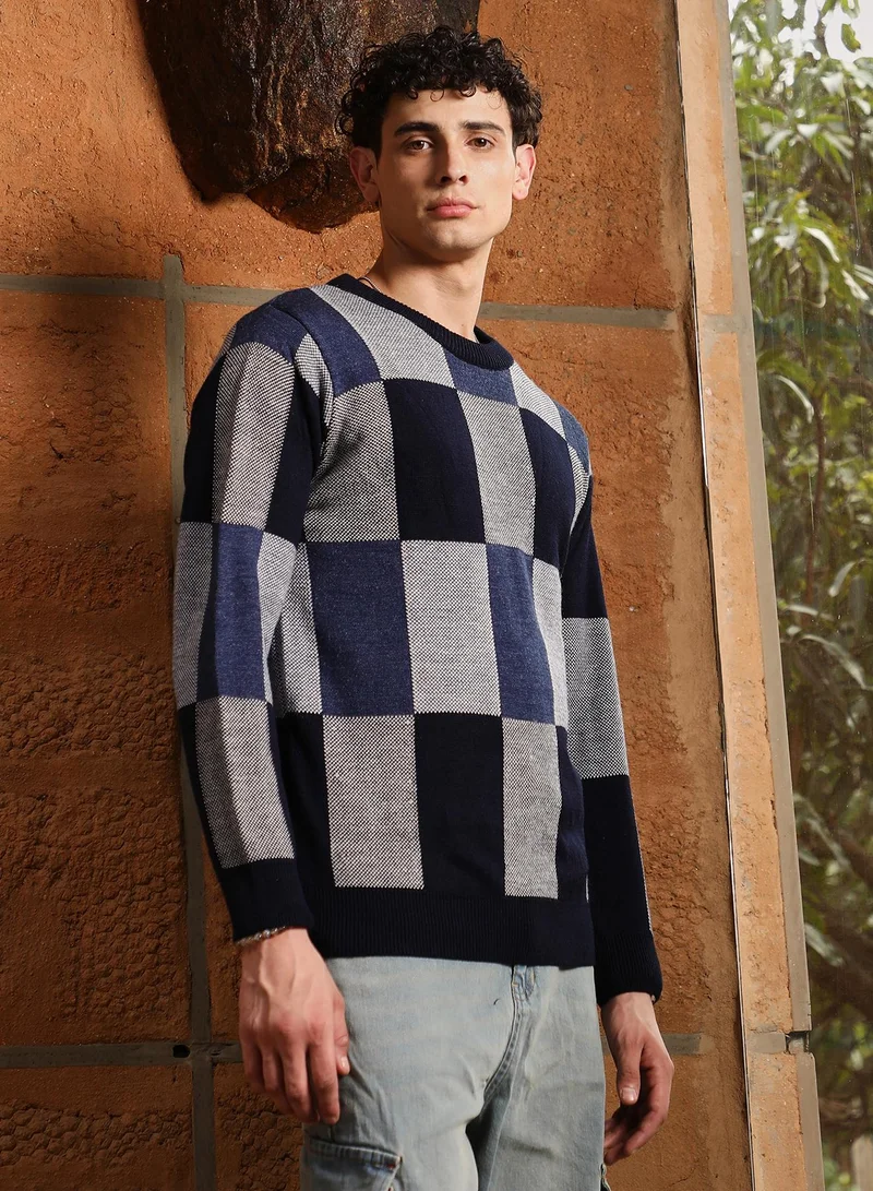 Campus Sutra Campus Sutra Men's Navy Blue Block-Check Pullover Sweater | Crew Neck , Cuffed Sleeves , Pull On Closure , Ribbed-Straight Hem | Checks Jacquard For Casual & Daily Wear