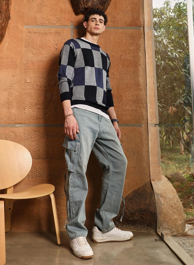 Campus Sutra Campus Sutra Men's Navy Blue Block-Check Pullover Sweater | Crew Neck , Cuffed Sleeves , Pull On Closure , Ribbed-Straight Hem | Checks Jacquard For Casual & Daily Wear