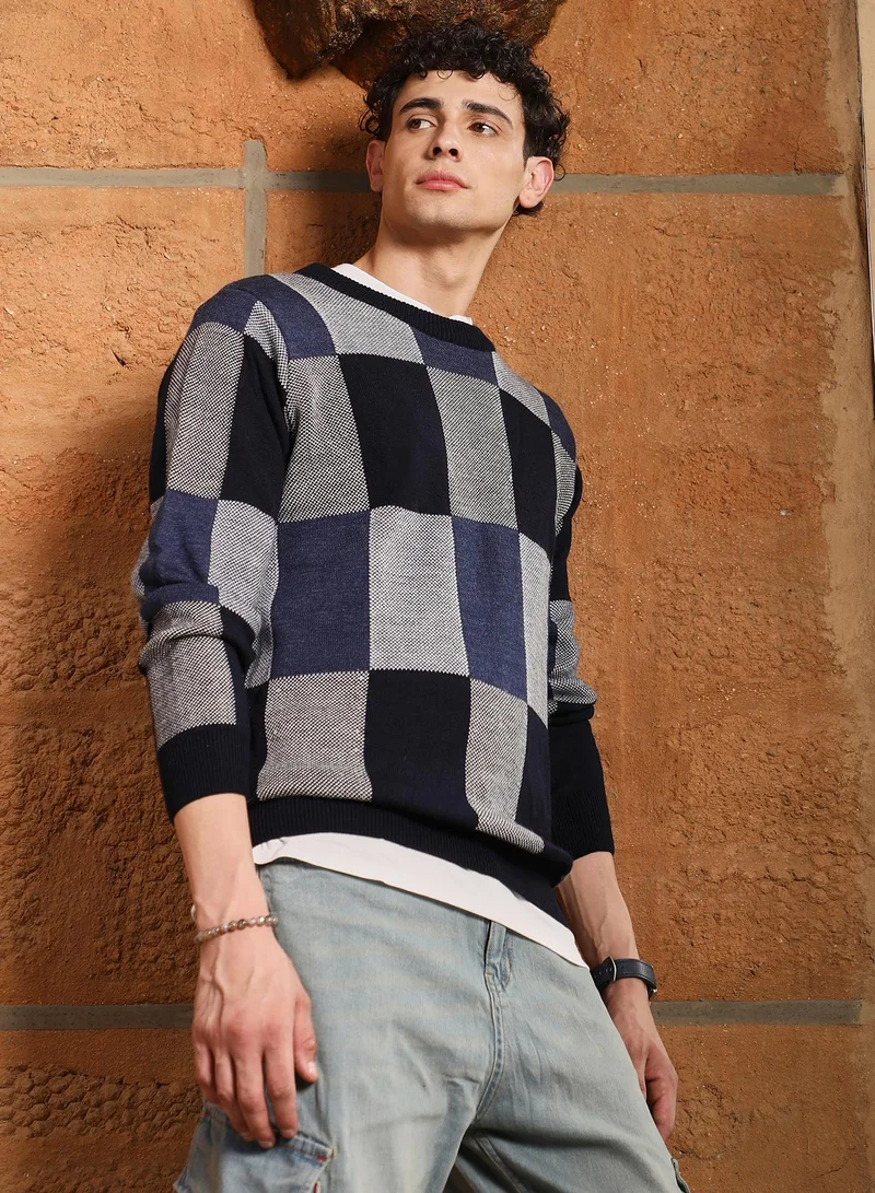 Campus Sutra Campus Sutra Men's Navy Blue Block-Check Pullover Sweater | Crew Neck , Cuffed Sleeves , Pull On Closure , Ribbed-Straight Hem | Checks Jacquard For Casual & Daily Wear