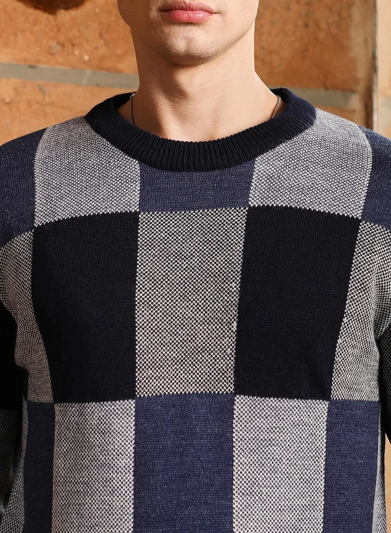 Campus Sutra Campus Sutra Men's Navy Blue Block-Check Pullover Sweater | Crew Neck , Cuffed Sleeves , Pull On Closure , Ribbed-Straight Hem | Checks Jacquard For Casual & Daily Wear