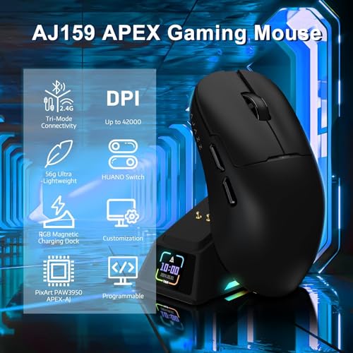 A-jazz AJAZZ AJ159APEX 8Khz Wireless Gaming Mouse Ultralight 56g with Magnetic Screen Charging Dock 42000DPI PAW3950 Sensor Tri Mode BT24GhzTypec Wired Programmable for Esport FPS PC Mac GamerBlack - Image 3