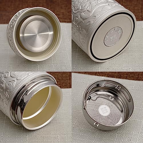 CHANJOON Chinese style 999 silver hot water bottle 11.8oz insulated stainless steel thermos keeps liquids hot and cold, leak proof and double walled design (silver (color)) - Image 5