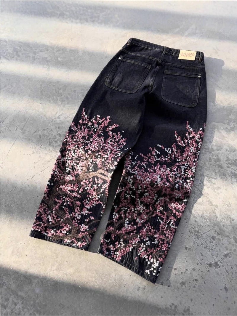 general Vescartes Vintage Wide Leg Cherry Blossom Embroidery Jeans for Men and Women - Image 1