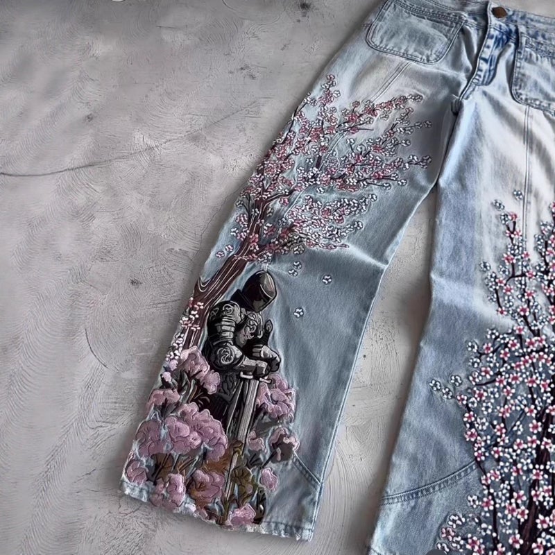 general Vescartes Vintage Wide Leg Cherry Blossom Embroidery Jeans for Men and Women - Image 3