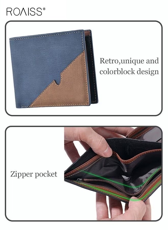 roaiss Colorblock Fold over Wallet Retro Stylish Zipper PU Leather Card Holder Multi-card Slot Coin Bag Small Leather Goods Wallet Money Clip for Men/Young Boy/Father/Brother Gift Blue/Brown - Image 4