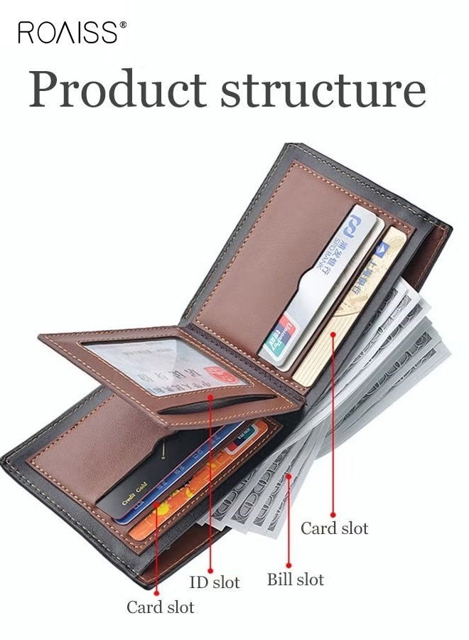 roaiss Colorblock Fold over Wallet Retro Stylish Zipper PU Leather Card Holder Multi-card Slot Coin Bag Small Leather Goods Wallet Money Clip for Men/Young Boy/Father/Brother Gift Blue/Brown - Image 3