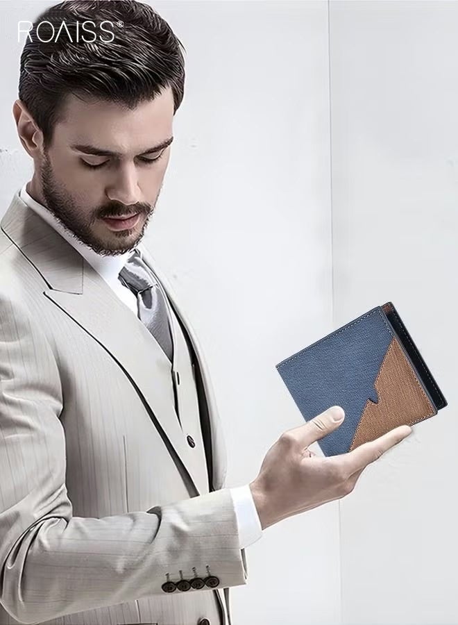 roaiss Colorblock Fold over Wallet Retro Stylish Zipper PU Leather Card Holder Multi-card Slot Coin Bag Small Leather Goods Wallet Money Clip for Men/Young Boy/Father/Brother Gift Blue/Brown - Image 5