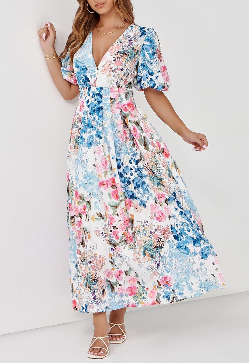 Maxigerui Women's Floral Maxi Dress Summer Fall Wedding Guest Dress Pink Blue Multi Floral M - Image 2