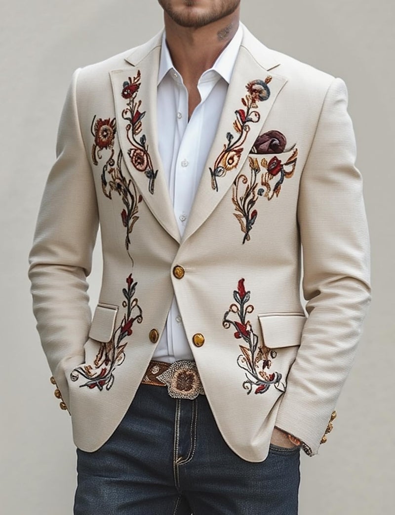Manlytshirt Men's Embroidered Cotton Linen Blazer Vintage Western Style Tailored Fit Lightweight Jacket Casual Semi-Formal Occasions (US, Alpha, Medium, Regular, Regular, Beige) - Image 4