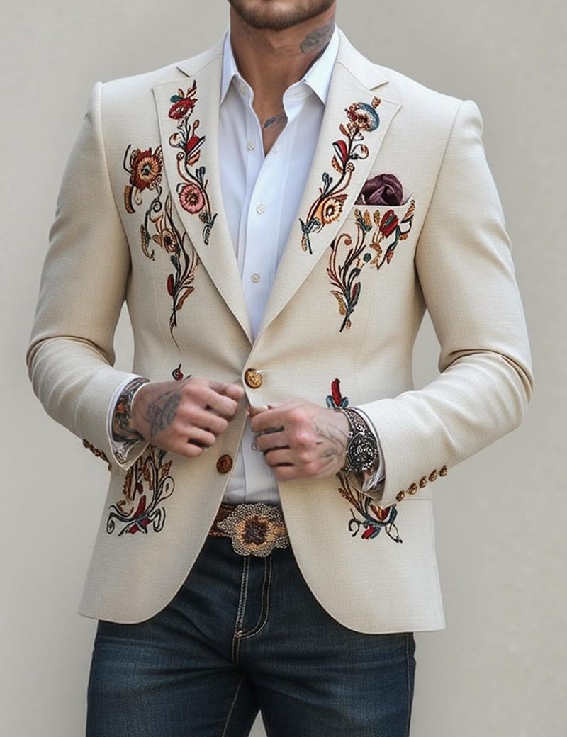 Manlytshirt Men's Embroidered Cotton Linen Blazer Vintage Western Style Tailored Fit Lightweight Jacket Casual Semi-Formal Occasions (US, Alpha, Medium, Regular, Regular, Beige) - Image 3