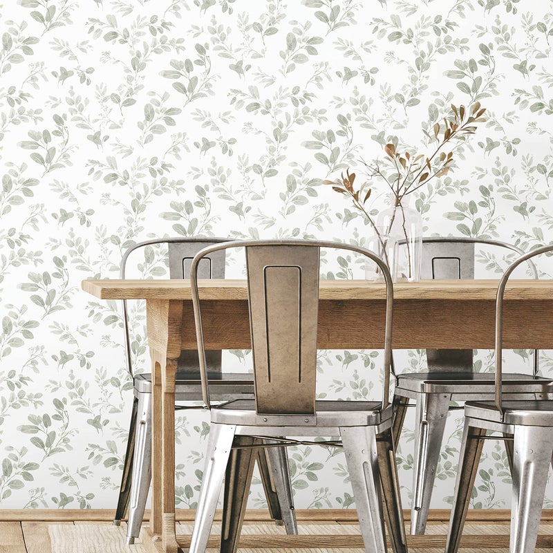 RoomMates RMK12274PL Dancing Leaves Peel and Stick Wallpaper Green White