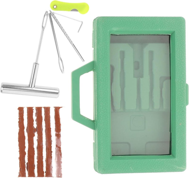 Heavy Duty Tire Repair Kit with Metal Handle 12pcs Tire Changing Tool Set for Car Motorcycle ATV Emergency Puncture Fixing and Flat Plugging in Green Case - Image 1