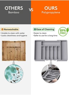 Eworld Large Capacity Expandable Silverware Drawer Organizer, BPA-Free Utensil Tray for Kitchen, Adjustable Flatware and Cutlery Holder for Spoons, Forks and Knives, Sleek Grey Design  - Image 3