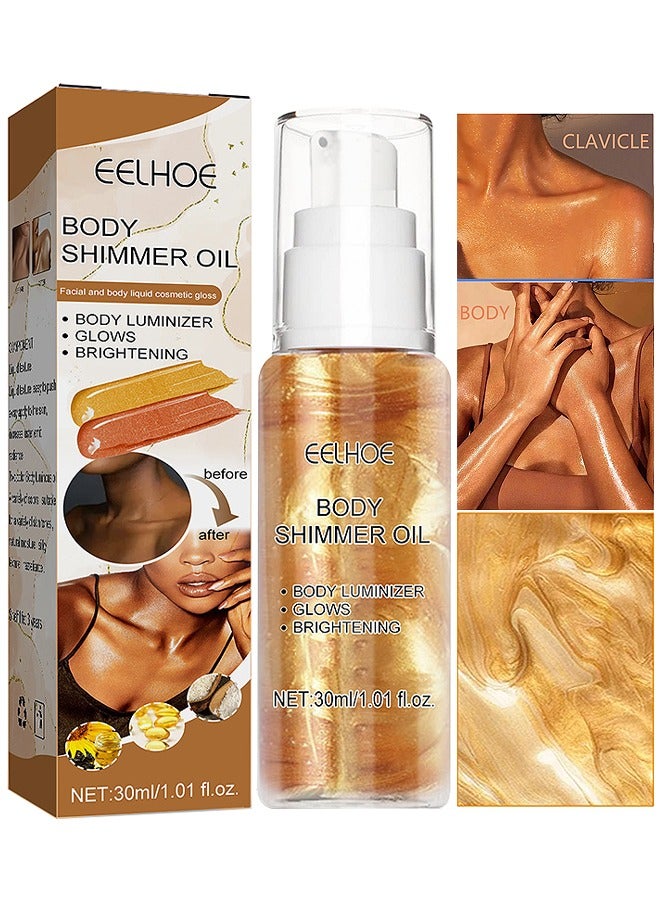 EELHOE Body Shimmer Oil Liquid Easy To Push Away Natural Moisture Glitter Face Brightening Glow Pearl Highlighter Illuminator Shine Contouring Makeup For Face And Body 30ML (Golden) - Image 1