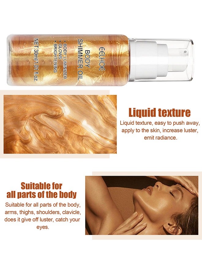 EELHOE Body Shimmer Oil Liquid Easy To Push Away Natural Moisture Glitter Face Brightening Glow Pearl Highlighter Illuminator Shine Contouring Makeup For Face And Body 30ML (Golden) - Image 4