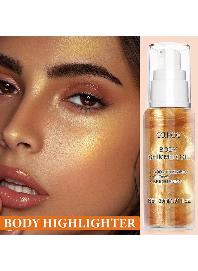 EELHOE Body Shimmer Oil Liquid Easy To Push Away Natural Moisture Glitter Face Brightening Glow Pearl Highlighter Illuminator Shine Contouring Makeup For Face And Body 30ML (Golden) - Image 2