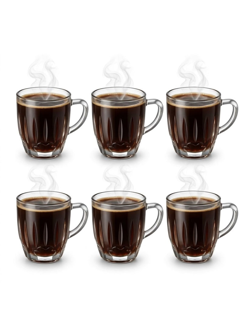 Blinkmax Set of 6 Ribbed Glass Mugs, Comfortable Handle, Clear Design for Hot Drinks and Coffee, Home and Office Use - Transparent - Image 1
