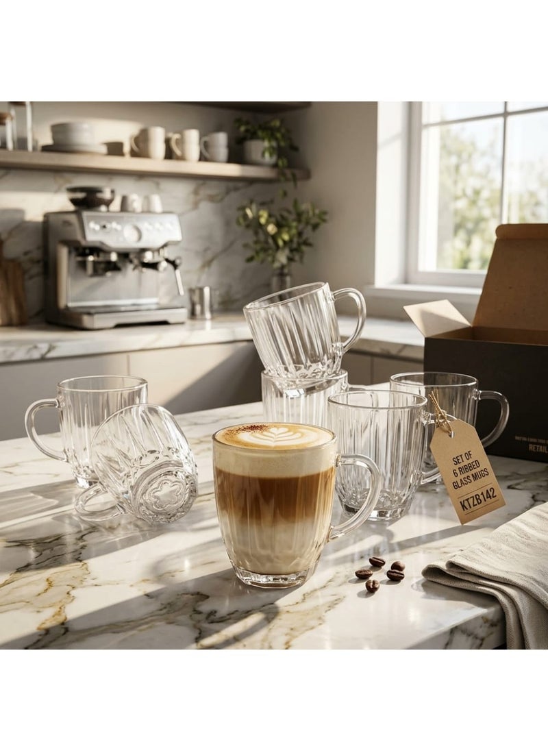 Blinkmax Set of 6 Ribbed Glass Mugs, Comfortable Handle, Clear Design for Hot Drinks and Coffee, Home and Office Use - Transparent - Image 5